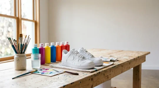 Customisation de sneakers dans un atelier éclairé par la lumière naturelle