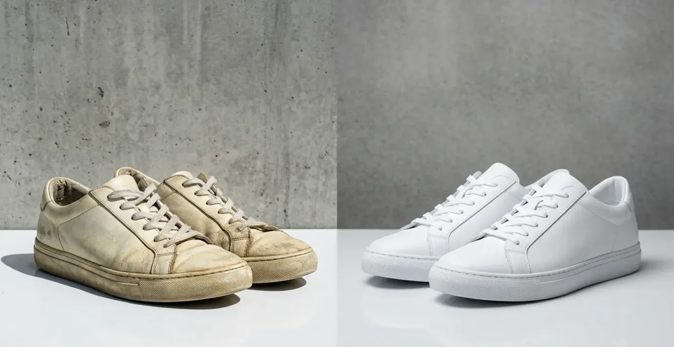 Comparaison dramatique de baskets blanches jaunies à gauche et parfaitement blanches à droite dans un environnement minimaliste