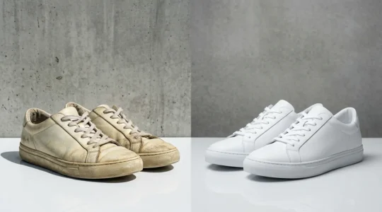 Comparaison dramatique de baskets blanches jaunies à gauche et parfaitement blanches à droite dans un environnement minimaliste