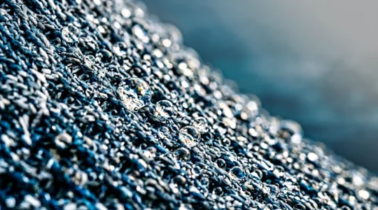 Vue artistique d'une basket en plastique recyclé avec effet de condensation et ventilation visible
