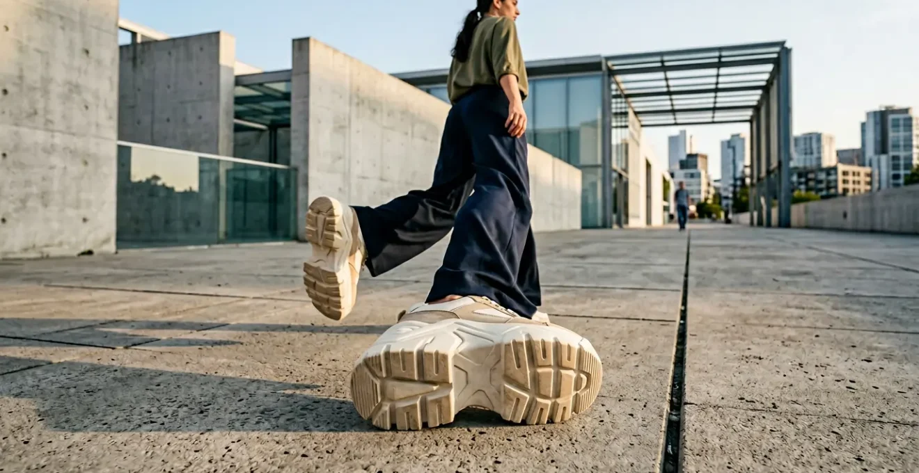 Femme marchant avec confiance en baskets plateformes imposantes dans un environnement urbain moderne