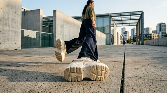Femme marchant avec confiance en baskets plateformes imposantes dans un environnement urbain moderne
