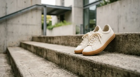 Paire de baskets vegan minimalistes blanches en microfibre de qualité sur fond urbain épuré