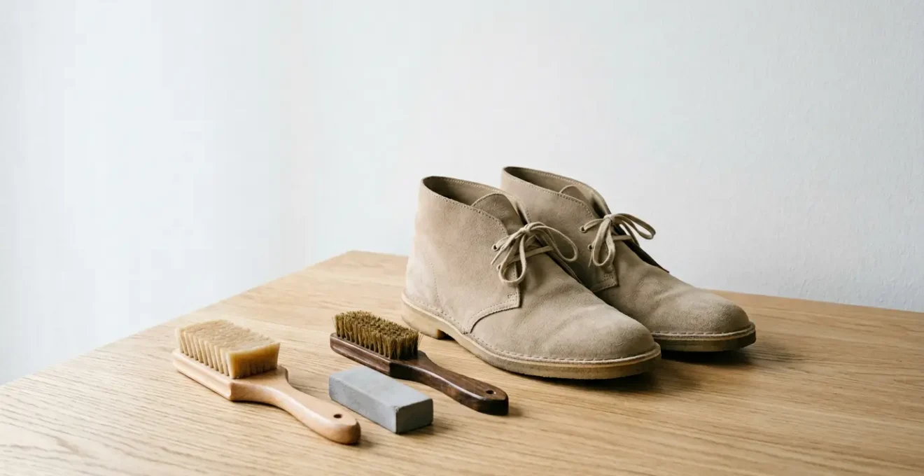 Chaussures en daim beige avec brosses et produits d'entretien disposés de manière élégante