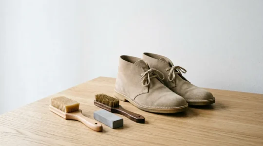 Chaussures en daim beige avec brosses et produits d'entretien disposés de manière élégante