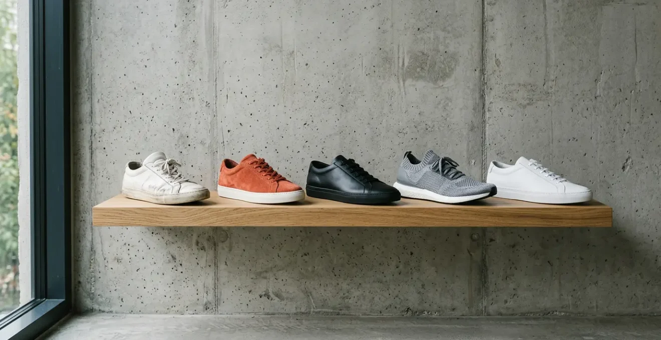 Collection minimaliste de cinq paires de sneakers essentielles pour homme disposées sur une étagère épurée