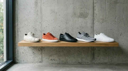 Collection minimaliste de cinq paires de sneakers essentielles pour homme disposées sur une étagère épurée