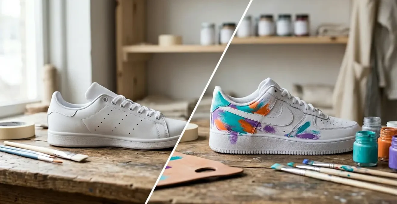 Vue comparative rapprochée d'une Air Force 1 et d'une Stan Smith partiellement customisées, montrant les différentes textures de cuir et techniques de peinture
