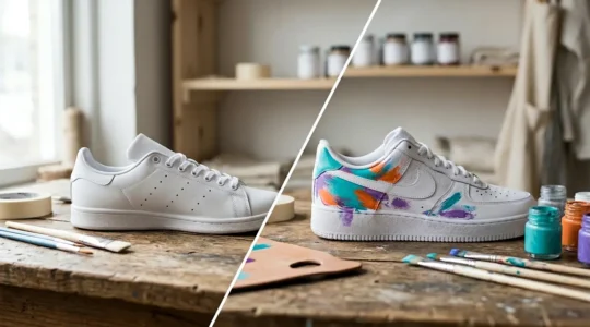 Vue comparative rapprochée d'une Air Force 1 et d'une Stan Smith partiellement customisées, montrant les différentes textures de cuir et techniques de peinture