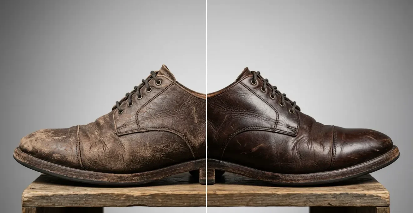 Comparaison côte à côte de chaussures en cuir végétal et cuir animal après un an d'utilisation, montrant l'usure et la patine