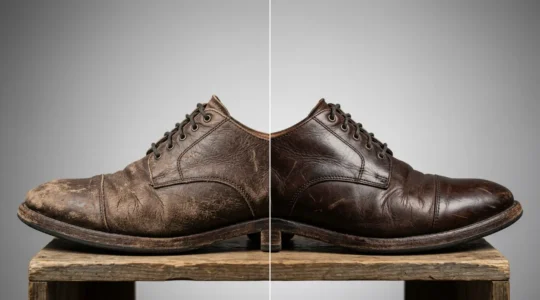 Comparaison côte à côte de chaussures en cuir végétal et cuir animal après un an d'utilisation, montrant l'usure et la patine