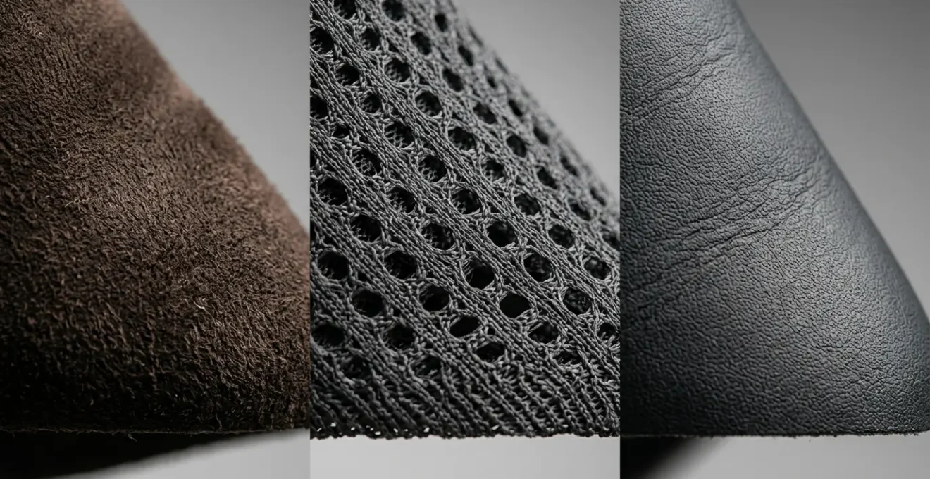 Comparaison visuelle de différentes matières de chaussures incluant le daim, le mesh et le cuir synthétique