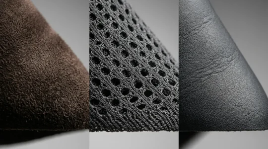 Comparaison visuelle de différentes matières de chaussures incluant le daim, le mesh et le cuir synthétique
