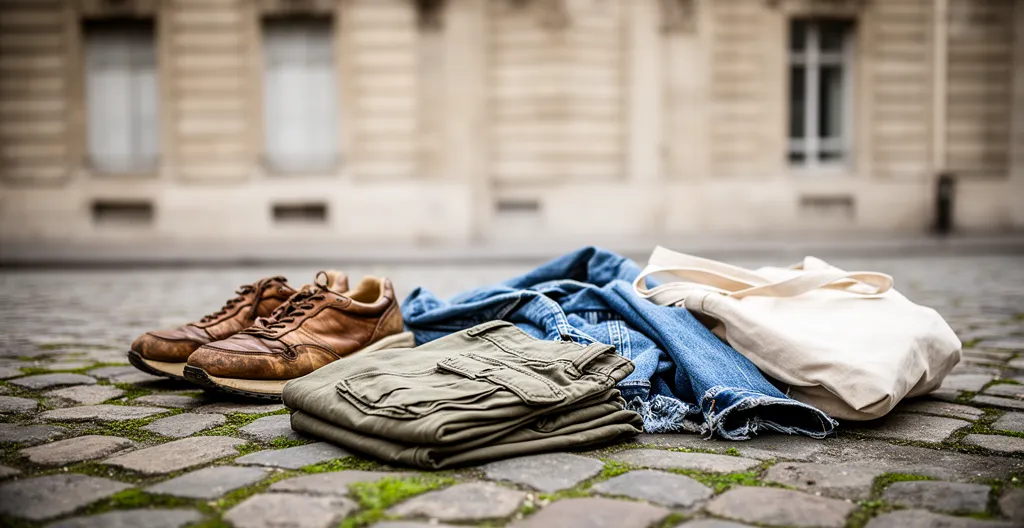 Composition élégante de sneakers haut de gamme et accessoires streetwear sur fond urbain parisien