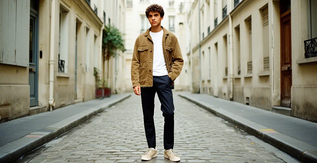 Jeune portant des sneakers et une veste streetwear dans le quartier du Marais à Paris