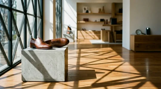 Inspection minutieuse d'une chaussure en cuir révélant des défauts de fabrication cachés