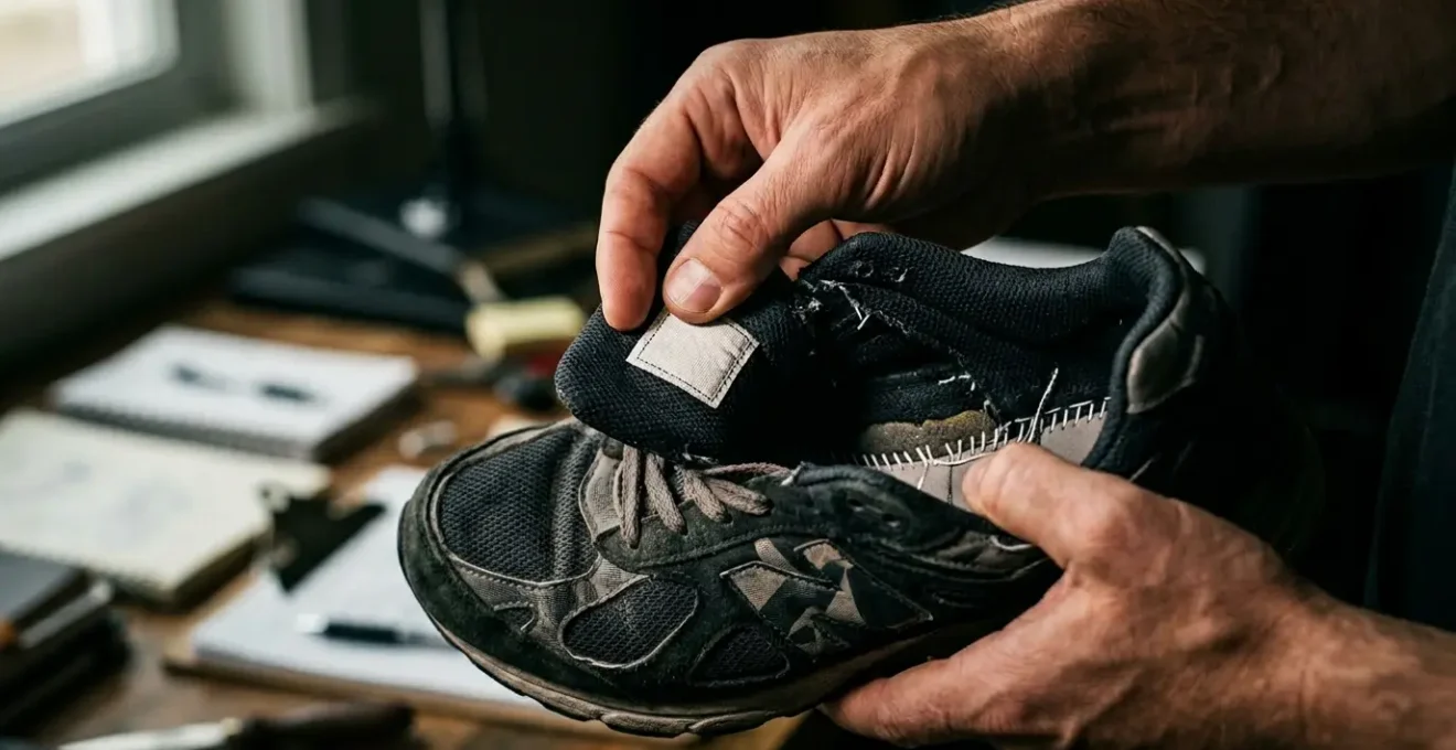 Un consommateur attentif examine l'étiquette d'une sneaker dans une lumière tamisée, cherchant des indices sur son origine éthique