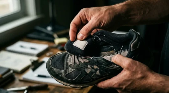 Un consommateur attentif examine l'étiquette d'une sneaker dans une lumière tamisée, cherchant des indices sur son origine éthique