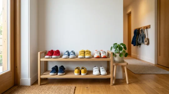 Rangée de chaussures colorées d'enfants dans une entrée lumineuse de maison