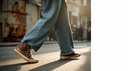 Portrait stylé montrant des baskets montantes vintage avec un pantalon large, dans un environnement urbain