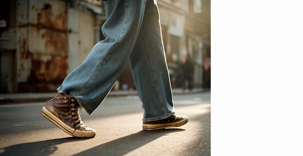 Portrait stylé montrant des baskets montantes vintage avec un pantalon large, dans un environnement urbain