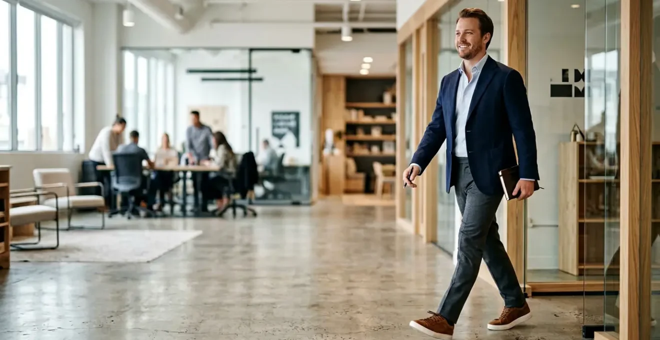 Homme d'affaires portant des baskets en cuir marron avec un costume dans un bureau moderne