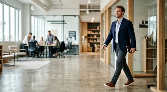 Homme d'affaires portant des baskets en cuir marron avec un costume dans un bureau moderne