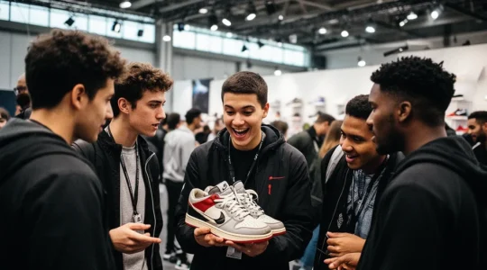 Jeune passionné de sneakers échangeant avec des collectionneurs lors d'une convention française