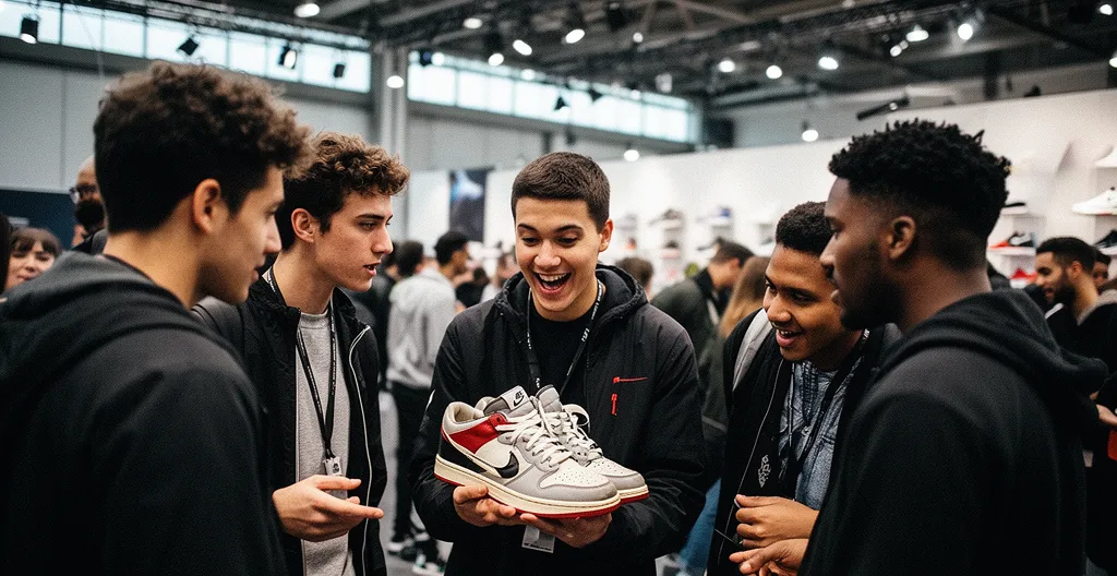 Jeune passionné de sneakers échangeant avec des collectionneurs lors d'une convention française
