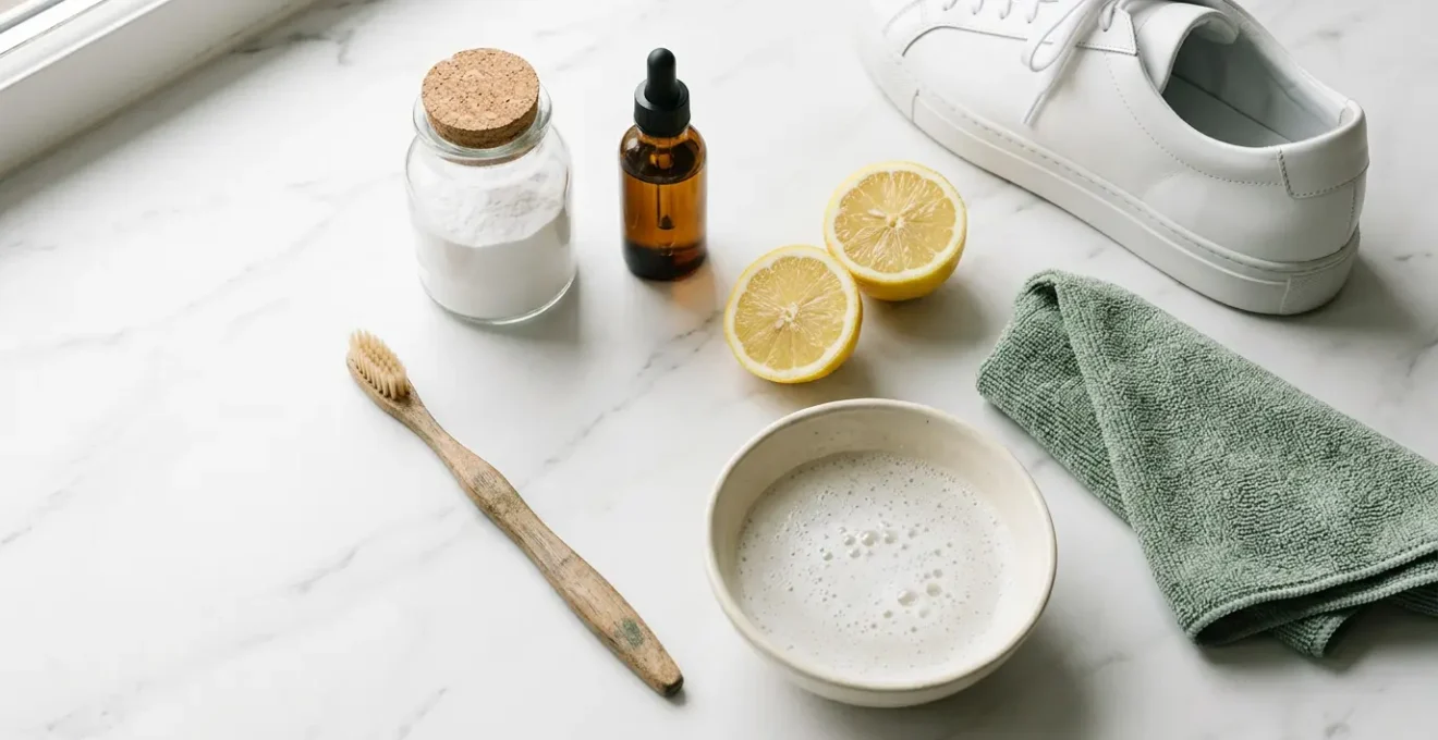 Kit de nettoyage pour sneakers DIY avec ingrédients naturels et brosses soigneusement organisés