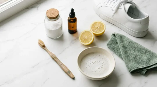 Kit de nettoyage pour sneakers DIY avec ingrédients naturels et brosses soigneusement organisés