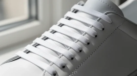Détail de sneakers blanches minimalistes avec un laçage horizontal invisible sur fond neutre