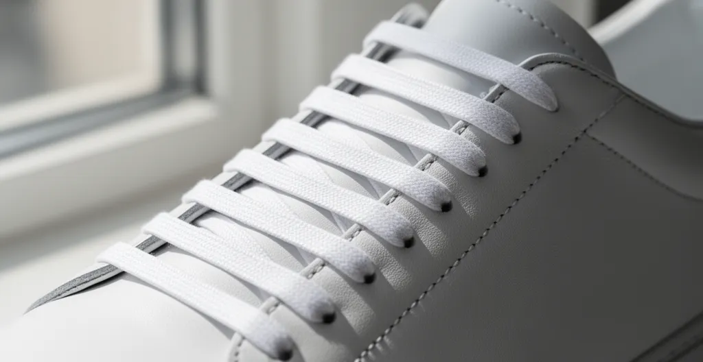 Détail de sneakers blanches minimalistes avec un laçage horizontal invisible sur fond neutre