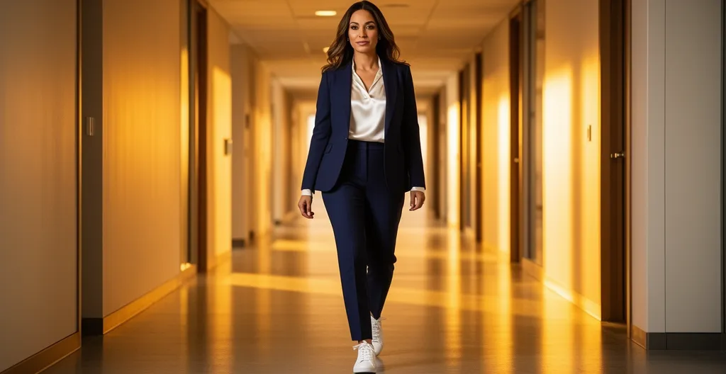 Femme élégante en blazer structuré et baskets minimalistes blanches dans un environnement de bureau moderne