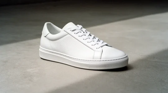 Sneakers blanches minimalistes photographiées en gros plan avec une mise au point sur les détails de construction et la qualité du cuir