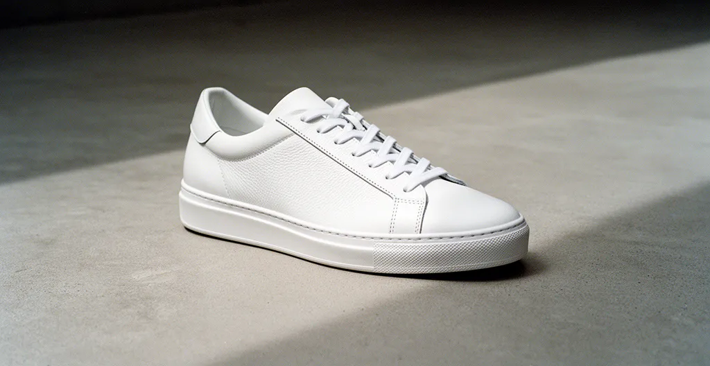 Sneakers blanches minimalistes photographiées en gros plan avec une mise au point sur les détails de construction et la qualité du cuir