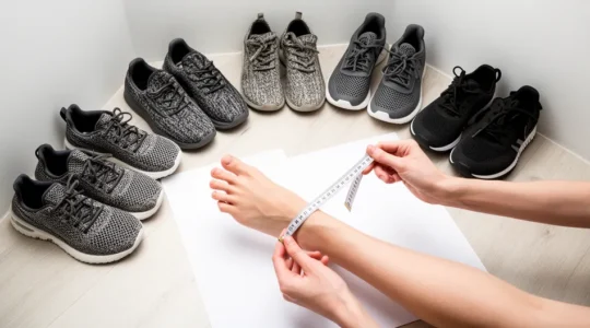 Personne mesurant son pied sur une feuille de papier avec des sneakers de différentes marques disposées en arc de cercle