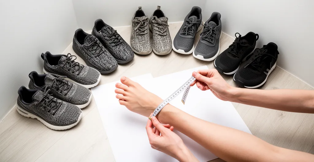 Personne mesurant son pied sur une feuille de papier avec des sneakers de différentes marques disposées en arc de cercle