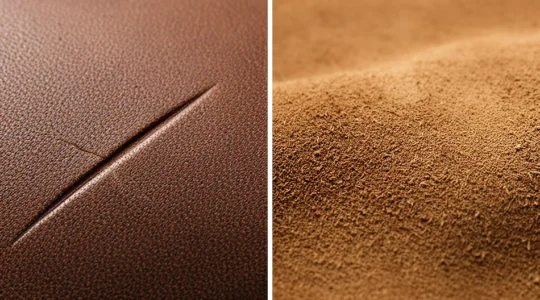 Gros plan sur deux matières côte à côte montrant la différence de texture entre nubuck et daim avec traces de rayures