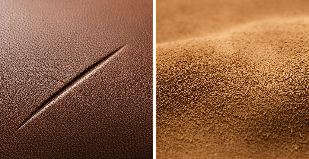 Gros plan sur deux matières côte à côte montrant la différence de texture entre nubuck et daim avec traces de rayures