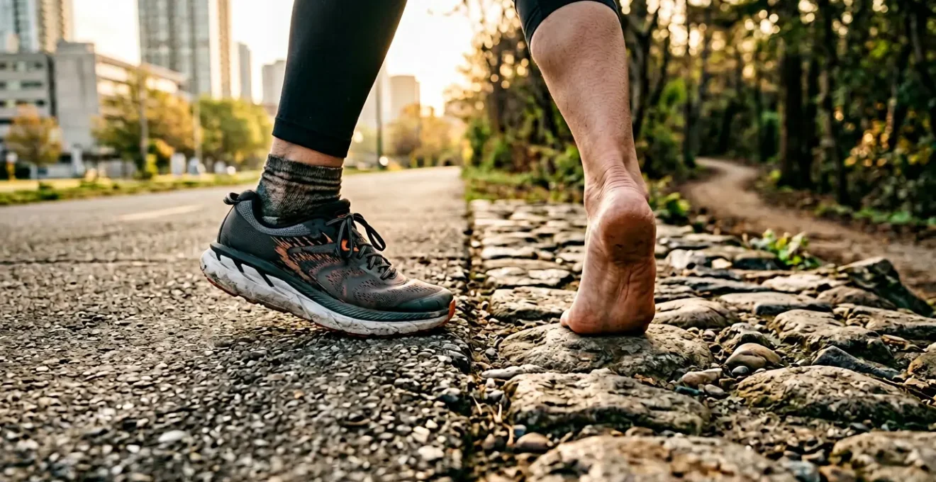 Pieds nus en contact direct avec différentes textures naturelles montrant l'alignement postural optimal