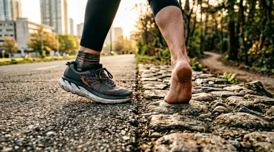 Pieds nus en contact direct avec différentes textures naturelles montrant l'alignement postural optimal