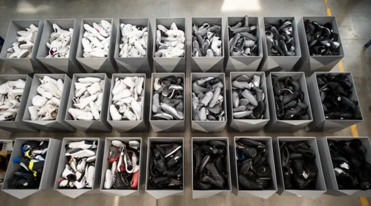 Vue en plongée de baskets usagées triées par couleur dans des bacs de collecte textile