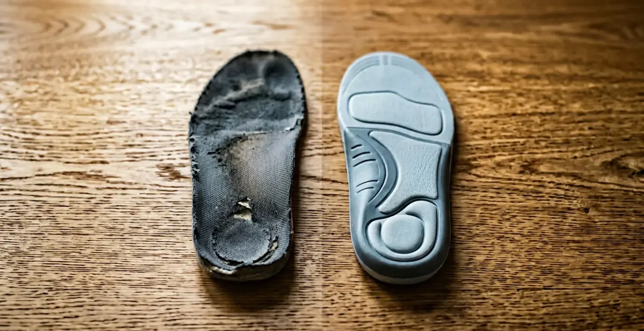 Comparaison entre une semelle d'origine usée et une semelle orthopédique neuve posées sur une surface en bois