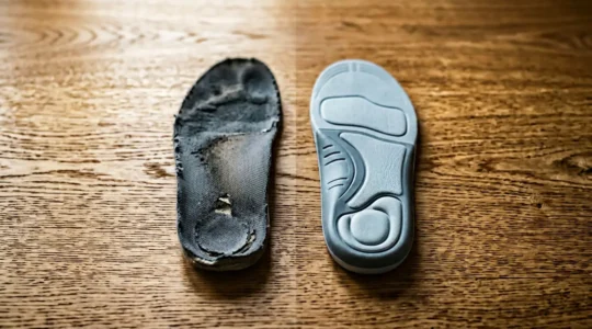 Comparaison entre une semelle d'origine usée et une semelle orthopédique neuve posées sur une surface en bois
