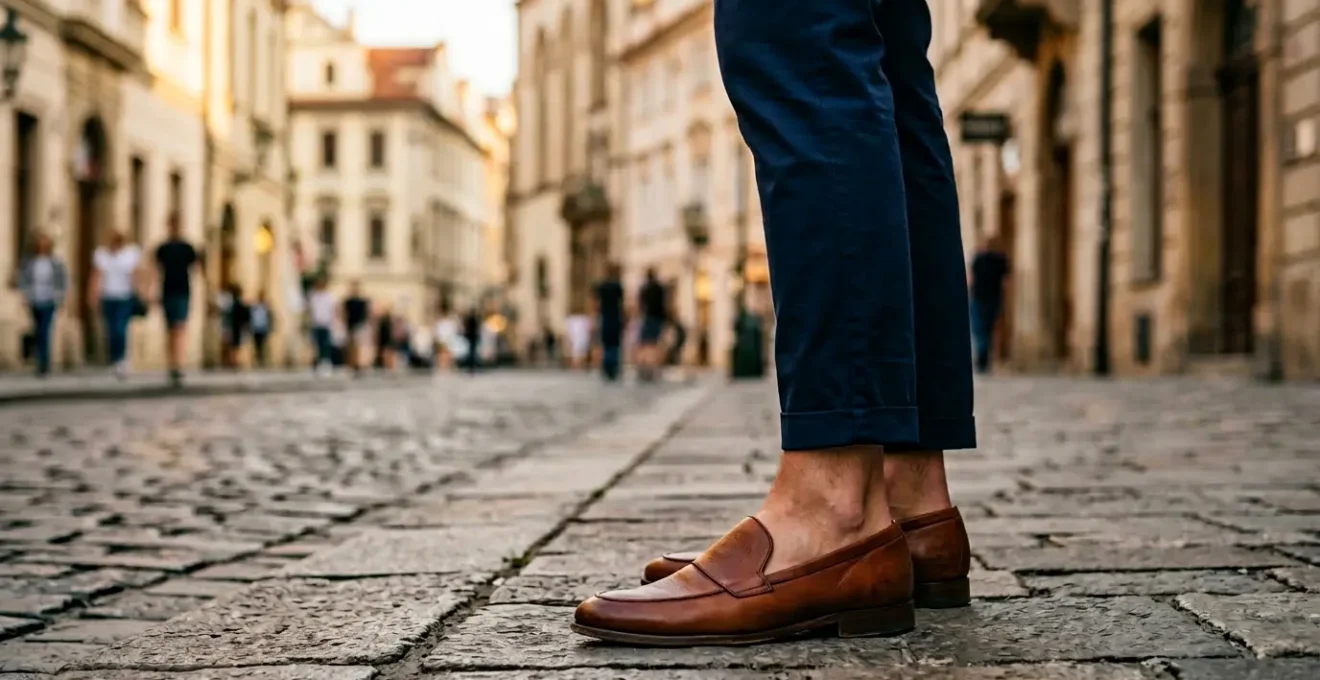 Homme portant des slip-on en cuir avec un pantalon ajusté à la cheville en contexte urbain