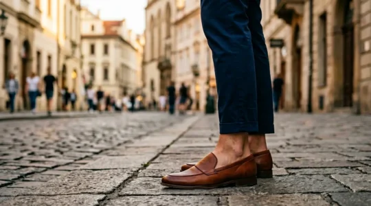 Homme portant des slip-on en cuir avec un pantalon ajusté à la cheville en contexte urbain