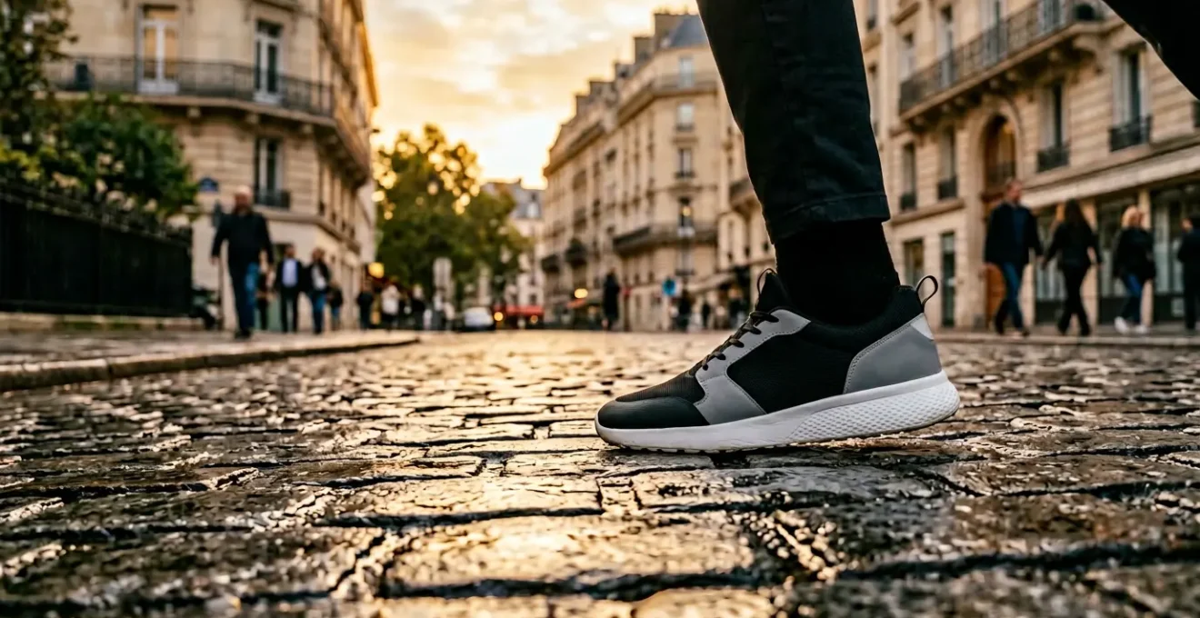 Vue rapprochée d'une sneaker urbaine moderne sur pavé parisien humide