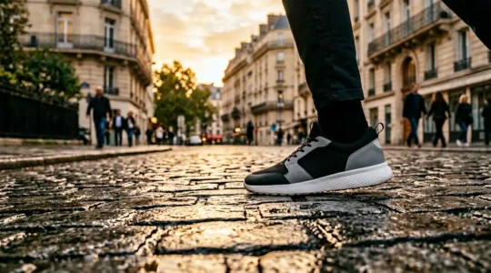 Vue rapprochée d'une sneaker urbaine moderne sur pavé parisien humide