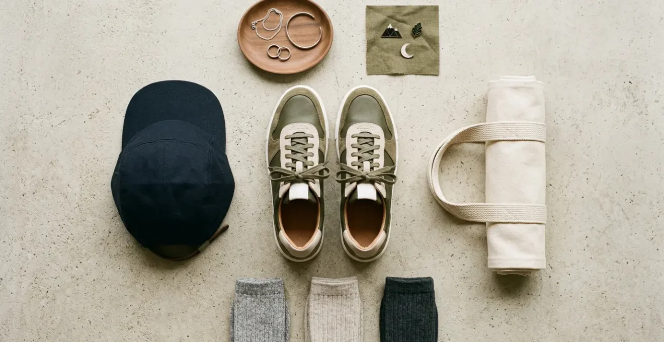 Composition élégante montrant des accessoires sneakers harmonieusement disposés pour un look équilibré